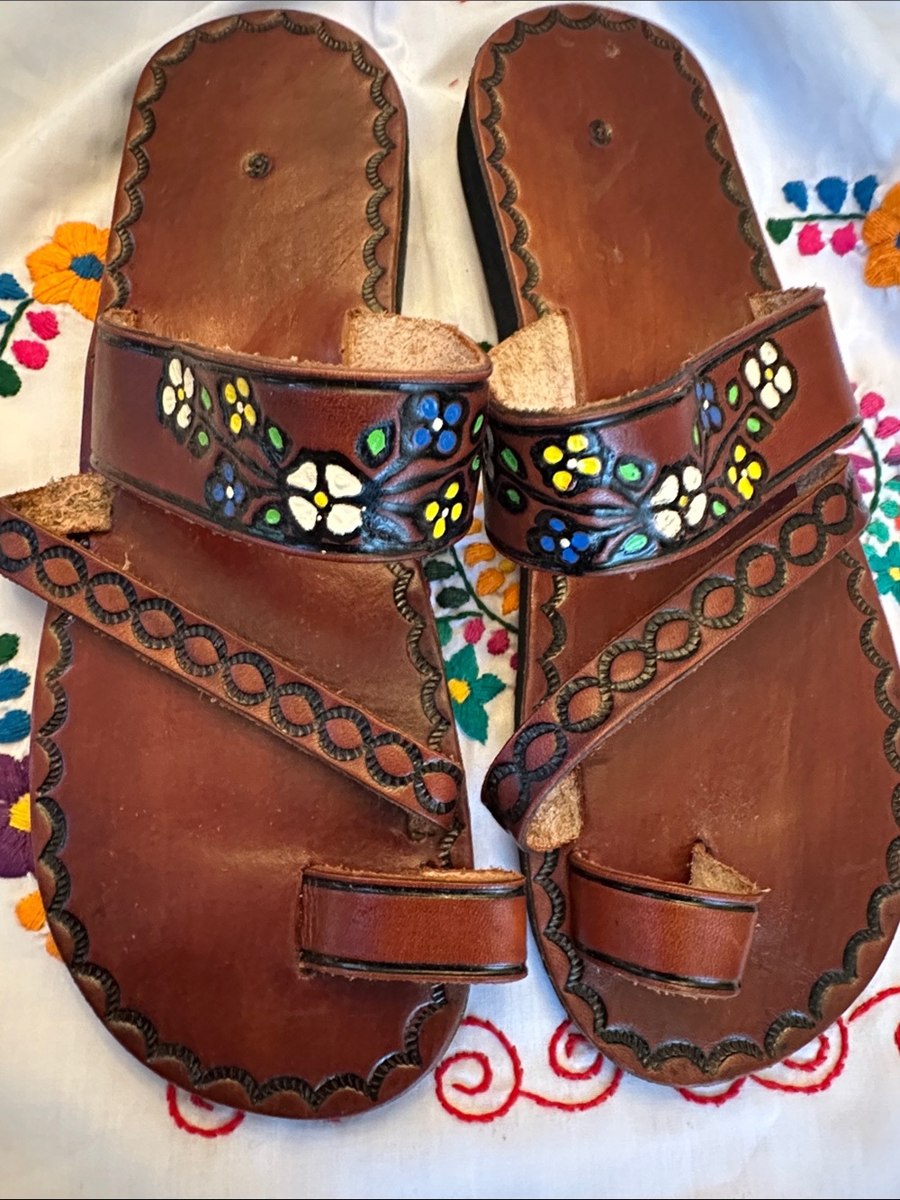 SIZE 9US  Hand-Painted Brown Leather Floral Sandals